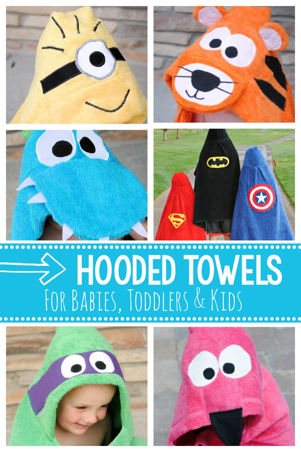 Children's Hooded Bath Towels-Patterns to sew all these cute kids towels (and more). Animals and favorite kids characters in a great hooded towel pattern. Makes a great gift! #bathtowels #hoodedtowels #sewing #sewingpatterns #sew #patterns #kids #forkids