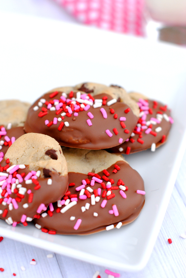 Chocolate Chip Cookies Dipped in Chocolate and Covered in Sprinkles