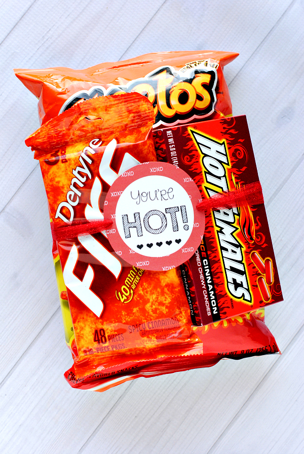 You're Hot Valentine Idea for Your Husband-Grab a bunch of fun, spicy food and package it up with a "You're Hot" tag for a fun little gift for your husband this Valentine's Day! #valentinesday #valentinesgiftsforhim