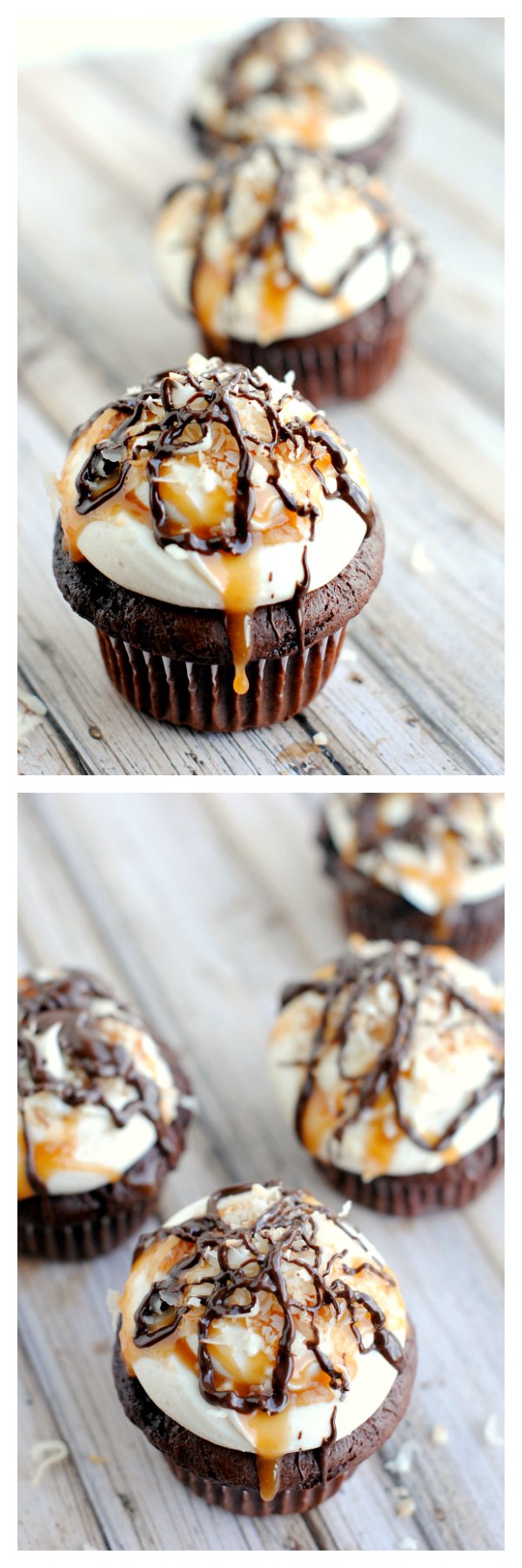 Chocolate Caramel Coconut Cupcakes-like a girl scout cookie in cupcake form, these Samoa cupcakes are amazing! #cupcakes #cupcakerecipe #dessert #girlscoutcookies