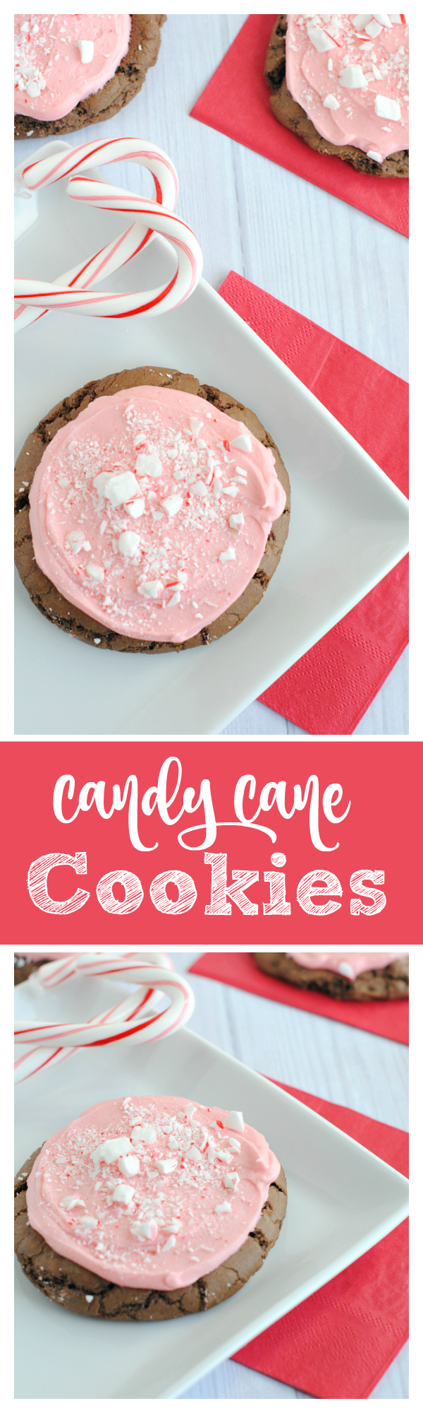 Candy Cane Christmas Cookies Recipe-These chocolate peppermint cookies are a perfect Christmas treat! Crushed candy cane on top of mint frosting and a soft and chewy chocolate cookie. #christmas #cookies #candycane #christmascookies