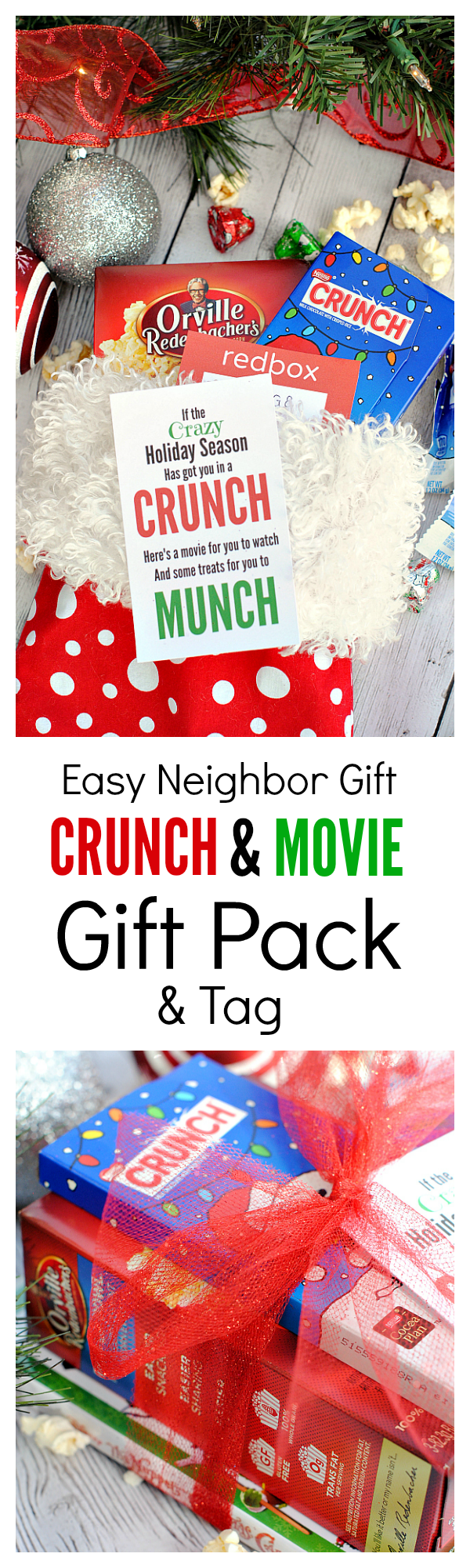 Cute Neighbor Gift Idea: If the crazy holiday season has got you in a CRUNCH, here's a movie for your to watch and some treats for your to MUNCH
