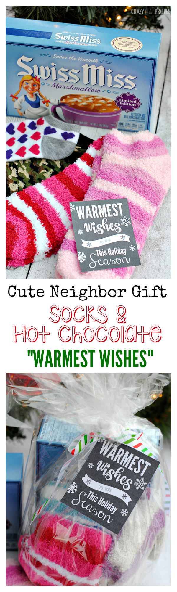 Cute Neighbor Gift Idea! Warm fuzzy socks and hot chocolate with "Warmest Wishes" tag