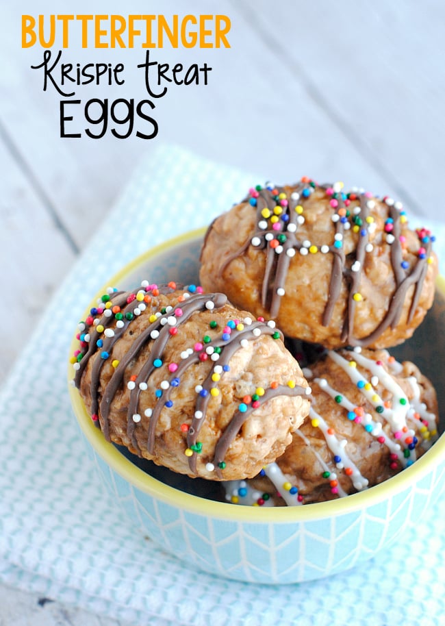 These Butterfinger Eggs are the best Rice Krispie treats you'll ever have, plus they look adorable and are a fun Easter dessert to make! #easter #easterdessert #treats #dessert