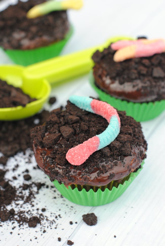 Cute and Easy Dirt Cupcakes for Kids-These fun cupcakes will make your kids smile! Super easy to make and they look like dirt with cute worms on it. #cupcakes #dessert #dessertrecipe #chocolate