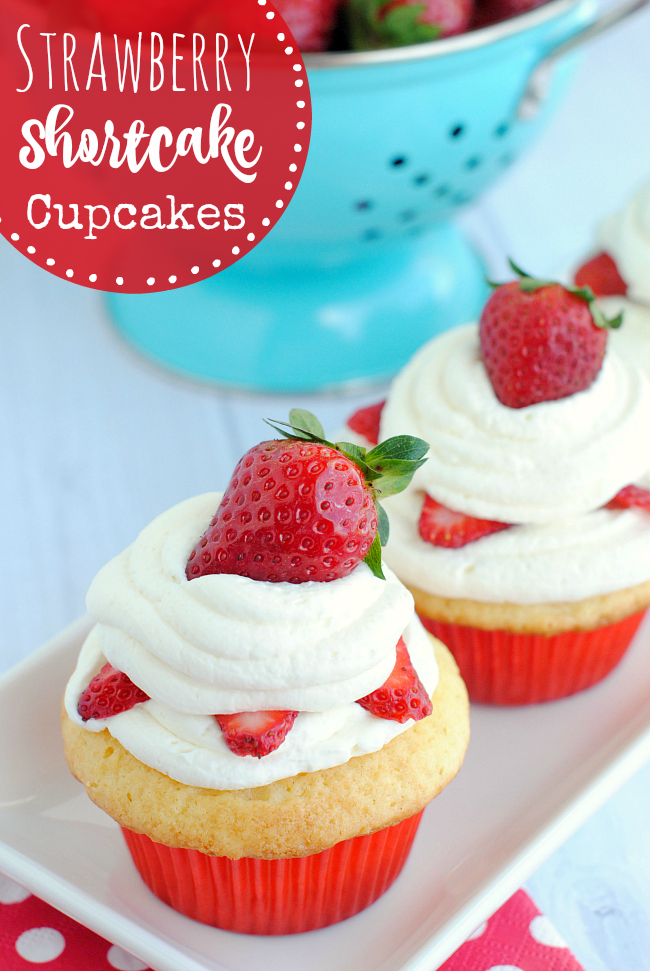 Strawberry Shortcake Cupcakes Recipe-These cupcakes are the perfect summer dessert. Strawberries on a white cake topped with light whipped cream. They are so pretty and they taste even better! #cupcakes #cupcake #strawberryshortcake #dessert #desserts #recipes #food