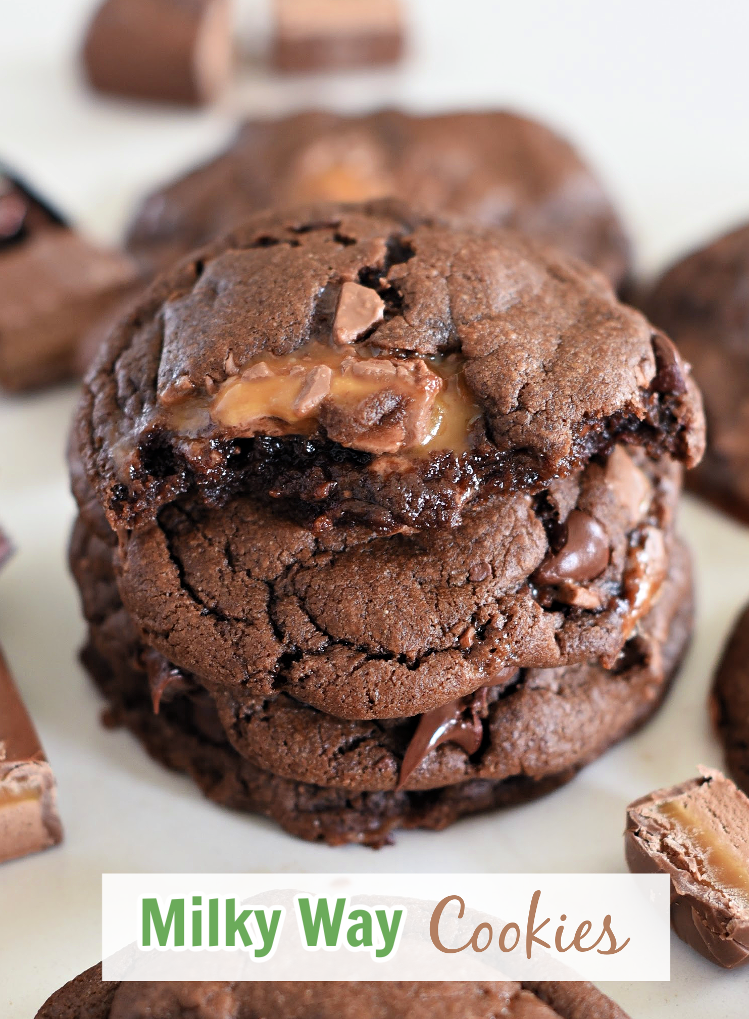 Milky Way Cookies: Soft and chewy chocolate cookies filled with bits of caramely Milky Ways.