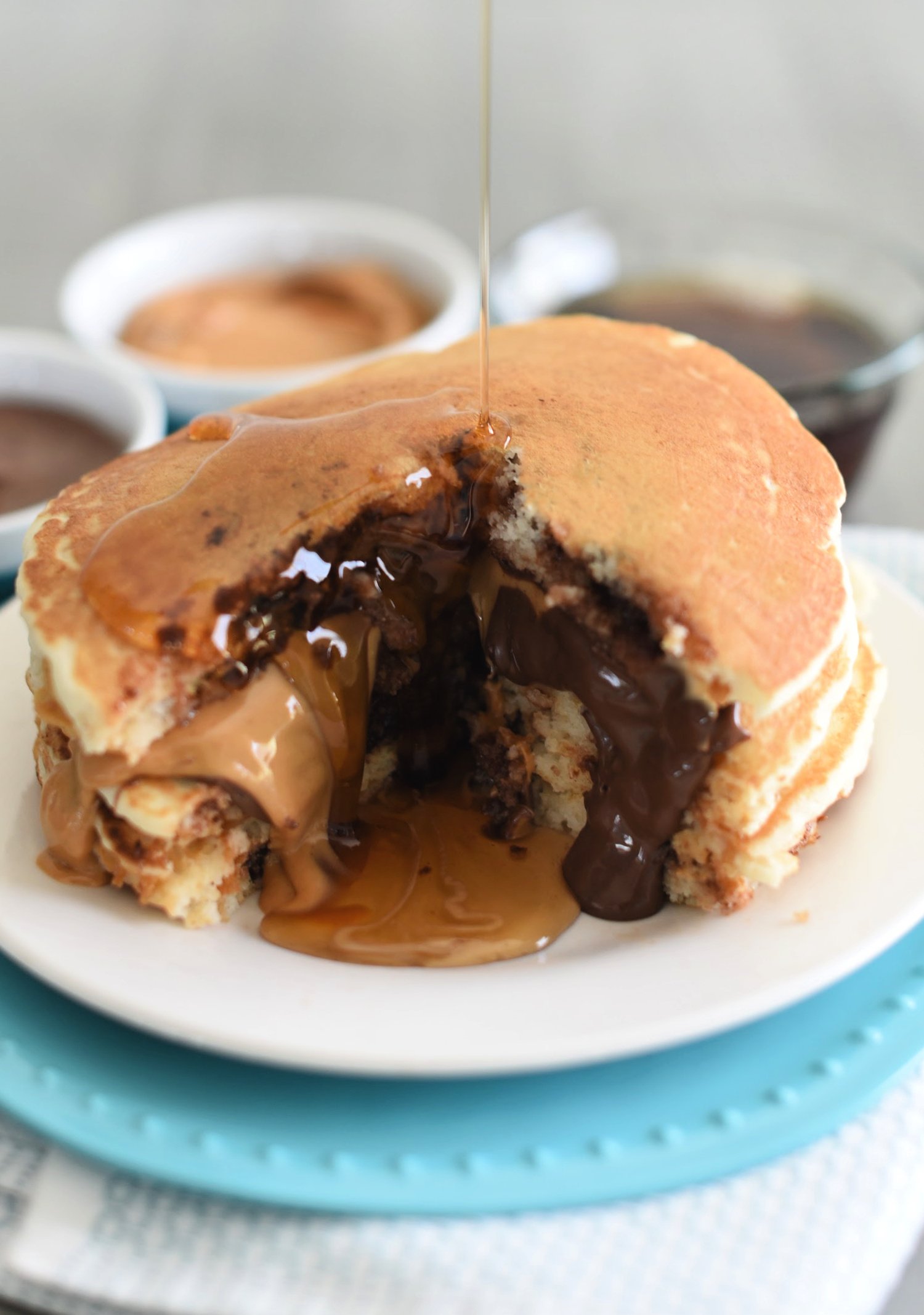 Nutella and Peanut Butter Stuffed Pancakes-Your family will go wild for this easy to make breakfast